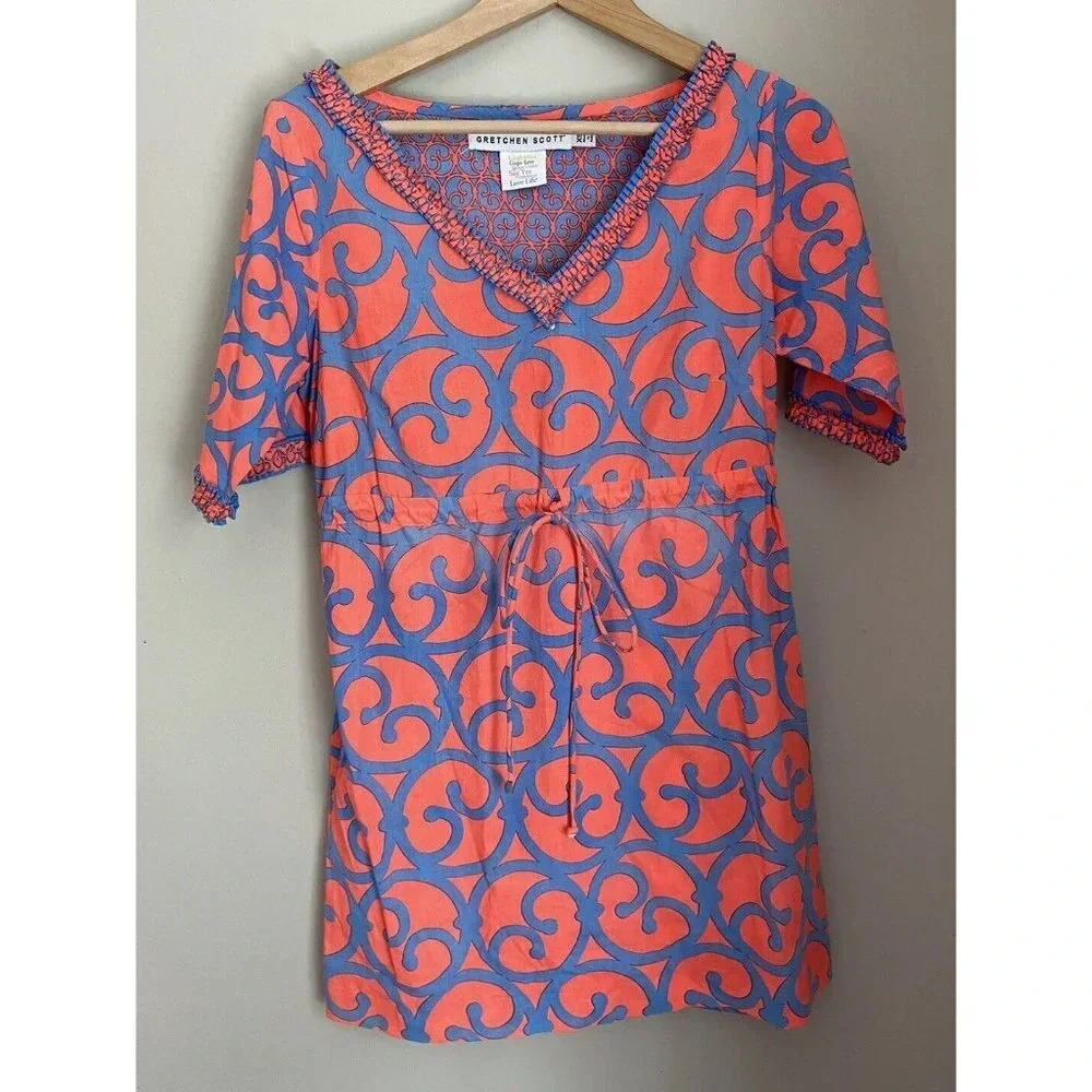 Gretchen Scott Dress Tie Waist Cotton Blue Coral Size Extra Small XS